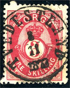 18. 3 skilling Posthorn, fullstemplet "Tvedestrand 8.11.1873". Blindtagg oppe og nede.