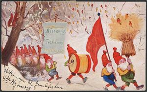 100 postkort i småformat, alle med Nisser i motivet. Flere signerte.