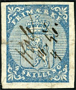 1. 4 skilling Våpen 1855, annullert med håndskrevet "Hole 14/4 56". Merket med en kraftig horisontal brekk samt to rifter på venstre side. Likevel et pent utseende.