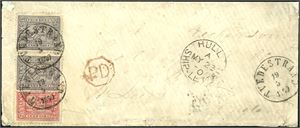 13,15. 14 skillings porto til England. To 3 skill 3 og en 8 skill 8 på konvolutt til Leeds, stemplet "Tvedestrand 19.5.1870". Ved siden stemplet "Hull Ship-Letter My 23 70". Baksiden stemplet bl.a. "Christianssand" og "Leeds". Konvolutten er noe skitten.
