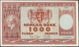 1000 kroner 1962, serie A.1707823. Ren og pen seddel, men minimale spor etter bruk. 01