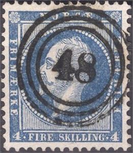 NK 4 III-48 Drammen fullst. på NK 4, klart og pent stempel på fargefriskt merke