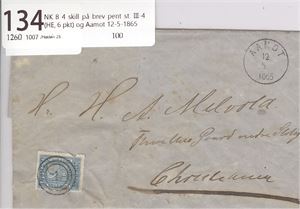 NK 8 4 skill på brev pent st. III-4 (HE, 6 pkt) og Aamot 12-5-1865