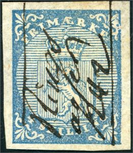 1. 4 skilling Våpen 1855, annullert med vertikalt håndskrevet "Ringsager 242" med strek over og under. Gode- til normale marger. Attest FCM.