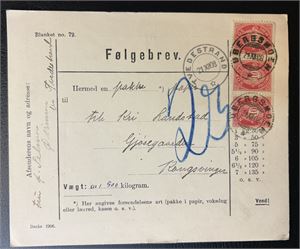 Følgebrev stemplet "UBERGSMOEN 21 XII 08" (Grad 3) og  "TVEDESTRAND 21 XII 08" til Kongsvinger