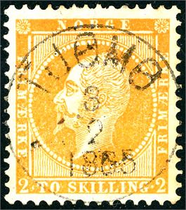 2. 2 skilling Oscar, rettvendt fullstemplet "Tjømø 3.2.1865".
