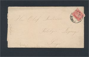 10øre stolpe defekt på brev til Sverige. Merket har hvite punkter mellom R-G og G-E i Norge. Selges as-is