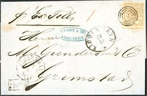 14. 8 skilling Krone-scepter on cover to Grimstad, Norway in 1869, cancelled number "1". "Kiøbenhavn 23.10" andd handwritten "pr Excellencen Toll" at side.