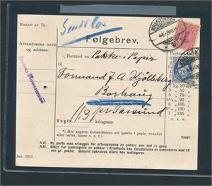 Følgebrev  med Nk 95 og 103 stemplet "KRISTIANIA V 9-VIII-13" til Borhaug. Utlevertstemplet "BORHAUG 11 VIII 13"