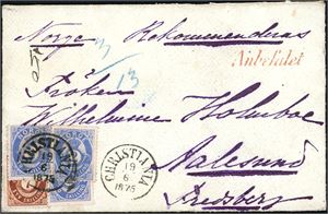 17 c,21.13 skillings innenlandsporto. Tre 2 skilling Posthorn i ultramarin nyanse sammen med en 7 skilling på trippelvektig konvolutt sendt rekommandert, stemplet "Christiania 19.6.1875" og sendt til Aalesund. Ingen tilsvarende frankeringer er tidligere registrert. Attest Aune.