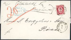 18. 3 skilling Posthorn på dobbeltvektig brev, stemplet "Throndhjem 8.3.1875". Ved siden påskrevet "2" (for dobbeltvektig), "Utilstrækkelig frankert", "Kassebrev" samt påført portotall "20" i rødt for staffeportoen.