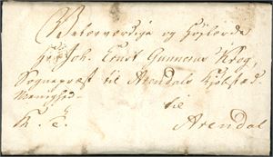 Komplett brev, datert Christianssand den 30. December 1794, og sendt som "Kongelig Tjenste" til Arendal. Medtatt.