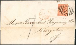 Z 10/95. DWI. A 4d orange (pl 111) on complete cover to Kingston, Jamaica, cancelled "C 51" and "St Thomas No 7 69 Paid" in red at side. Arrival postmark "Kingston Jamaica B No 21 69" reverse. One of of the earlieste letter known to Jamaica. A quite heavy horizontal arciv crease, but still a nice letter.