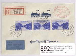 Flyving Førsteflyving Oslo-New York st. HØNEFOSS 13-9-46  (Bak N Y 16.6.1946)