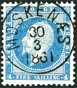 4. 4 skilling Oscar, pent fullstemplet "Moskenæs 30.3.1861" (NO, 7 pkt).