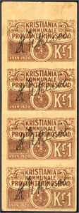 Kristiania Kommunale Provianteringsraad 1919-1920, kr 1,- i vertikal 4-stripe.