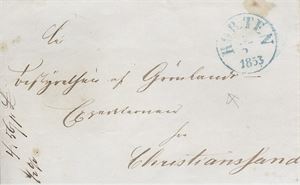 Prefil Horten x-5-1853  Ubetalt brev fra Horten adressert til "Bestyrelsen for Grønlandsexpeditionen"  Høsten 1850 var Christiansand preget av optimisme da kjøpmennene dannet et aksjeselskap for selfangst på Grønland.