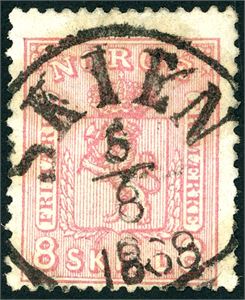 15 a. 8 skill 8 i rosa farge på tynt papir, pent fullstemplet "Skien 5.8.1868". Et par litt korte tagger i høyre side.
