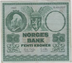 50 kroner 1963 Z.0212535. Erstatningsseddel. Kv.1-