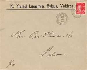 IV 815 - RYFOSS (Oppland) (Aune: grad 4), klart avtrykk på brev sidestemplet VALDRESBANENS P.EKSP. SL -1 II 35 (3 pkt). Brev med logo fra K. Yrstad Ljaasmie, frimerke med rift.