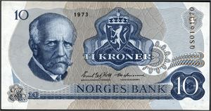 10 kroner 1973, serie QS 0161370. Erstatningsseddel. 0/01