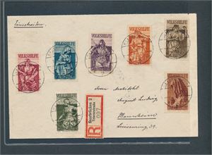 SAARGEBIET Rekbrev med Mi 171-77, 1934 Volkshilfe stemplet "SAARBRÜCKEN 16.3.34" (2. dag). Ankomst "MANNHEIM 17.3.34" (€ 300 for serie)