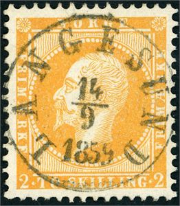 2. 2 skilling Oscar, rettvendt fullstemplet "Langesund 14.9.1959". Luksus.