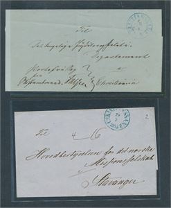 2 prefrimbrev, portofritt og betalt stemplet "CHRISTIANSSAND 1851/1853"