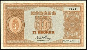 10 kroner 1953, serie Y.7148332. 0