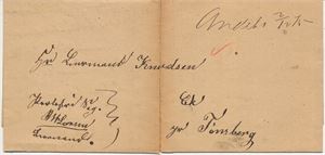 Håndskrevet Andebu 2/12-75 Håndskrevet på portofri sag til Eik pr. Tønsberg  Vertikalt delt brev.  Transit st. Tønsberg 2/12-75 bak.