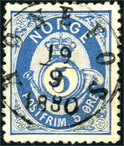24 Ib. 5 øre skravert Posthorn, pent stemplet "Hønefos 19.9.1880". Flott sentrering og farge.