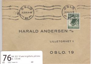 NK 322 10 øre krigsforlis på brev st.  5-8-44