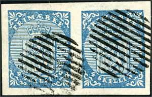 1. 4 skilling våpen 1855 i horisontalt par, hvert merke anert med riststempel. Gode marger. Pos. D 19/20.