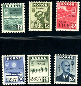 333/38. Londonmerkene med overtrykk i komplett serie. 4 av merkene er garantistemplet A. Berntsen.