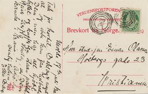 IV 563 type 1 - HJÆLSETRUTEN (Aune: grad 2), på postkort til Kristiania, datert Molde 17. juli 1910. Postkort motiv Aandalsnæs (Norge No. 06.).