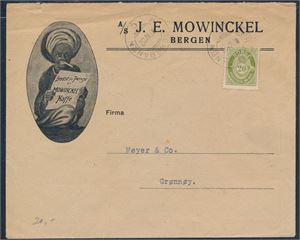 Nk 122 på flott logokonvolutt "Mowinckel Kaffe". St "Bergensbanen C 17 IV 22". Flott reklame på baksiden også
