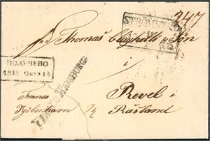 Brevomslag, datert "Stavanger 5. oktober 1845 og sendt til Reval, Russland. Påskrevet "Franko Kjøbenhavn og stemplet "Strømstad 16.40.45", linjestempel "Franco Hamburg" samt russisk ankomststempel på forsiden. Baksiden med "Hamburg 16 Oc" samt to russiske stempler..