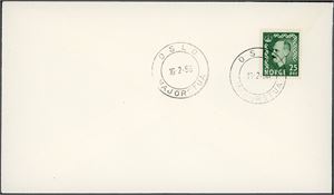 431. 25 øre Haakon i grønn farge på uadressert konvolutt, stemplet "Oslo 16.2.56". (2.300,-).