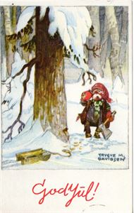 Julekort. God Jul. Nisse med øks og slede. Trygve M. Davidsen