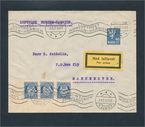 LUFTPOST Brev stemplet "HORTEN LUFTPOST HORTEN-HARWICH 8 III 27 6-8 F" til England