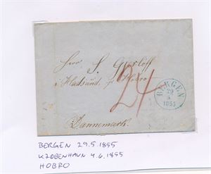 Brev stemplet "BERGEN 29-5-1855" til Hobro, Danmark via København