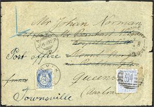 54 IV,QL SG 187. 20 øres porto til Australia (Riktig porto etter at de ble medlem i UPU). 20 øre 20 mm på konvolutt til Mount Morgan, Queensland, stemplet "Larvik 15.11.92". Konvolutten er ved ankomst, påsatt et 2d blått Victoria-merke (Queensland), stemplet "394" og vidresendt innenlands til Townsville. Baksiden med transittstempel "Brisbane 25 Dec 1892" og ankomststempel "Mont Morgan 30 Dec 1892". Pent montert på utstillingsark.