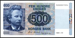 500 kroner 1991-VI, nr 3200301924. 0/01
