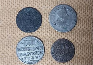 DANMARK lot fyra silvermynt,  2 skill 1668, 2 skill 1686, 4 skill 1729 samt 8 skill 1695 i blandad kvalitet