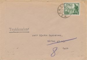 Kronet Posthorn MERKET (OP / 7). Klart avtrykk på trykksakbrev frankert med NK 360, bak stemplet Gjøvik 22.6.48.