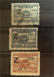 BOLIVIA o/x Mi 185-87, 1930 Zeppelin. 6Bs med variant "komma" (€ 350)