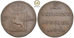 2 skilling 1831 Carl XIV Johan. Kv.1+/01
