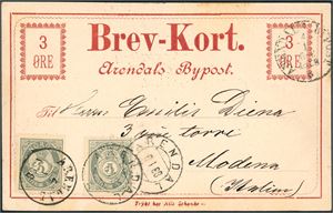 52,Arendal Bypost BK 1. 3 øres Brev-Kort, stemplet "Arendals Bypost 4.1.1888" og ved siden påsatt to 5 øre 20 mm som er stemplet "Arendal 6.1.88" og sendt til Modena, Italia.