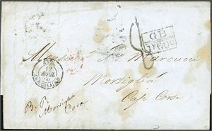 DWI. Unfranked letter from St. Thomas to Corsica sent via Great Britain to France in April 1860. Seven postmarks at reverse: "St. Thomas C Mr 23 60" (with the very rare inverted C), "London Ap 12 60" in res and 5 French postmarks. The letter with some grease stains. Ex. K.Klugman.