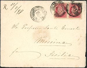 77. To 10 øre Posthorn på konvolutt til Sicilia, Italia, annullert med 4-rings "165" (Brukt som hjelpestempel på Brevik-Kristiansand). Påskrevet "11/5 98" i øvre venstre hjørne. Ankomststemplet "Messina" på baksiden.